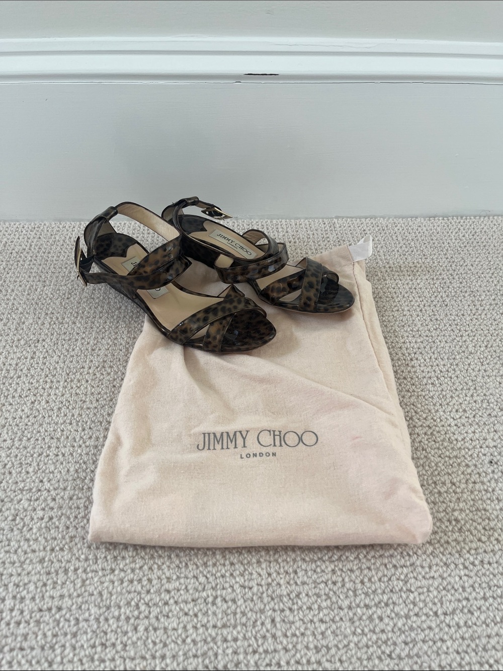 Jimmy Choo Connor Leopard Print Patent Leather Wedges size 37/ US 6.5